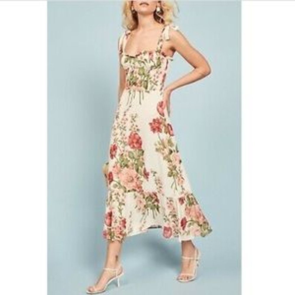 REFORMATION NIKITA Ruffle Shoulder Tie Crepe Midi